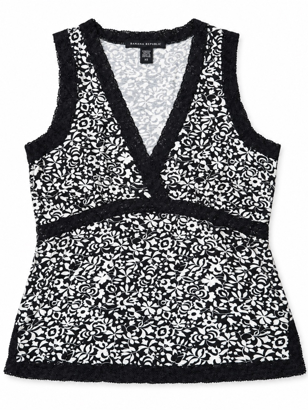 Banana Republic Black & White Floral Lace-Trim V-Neck Tank